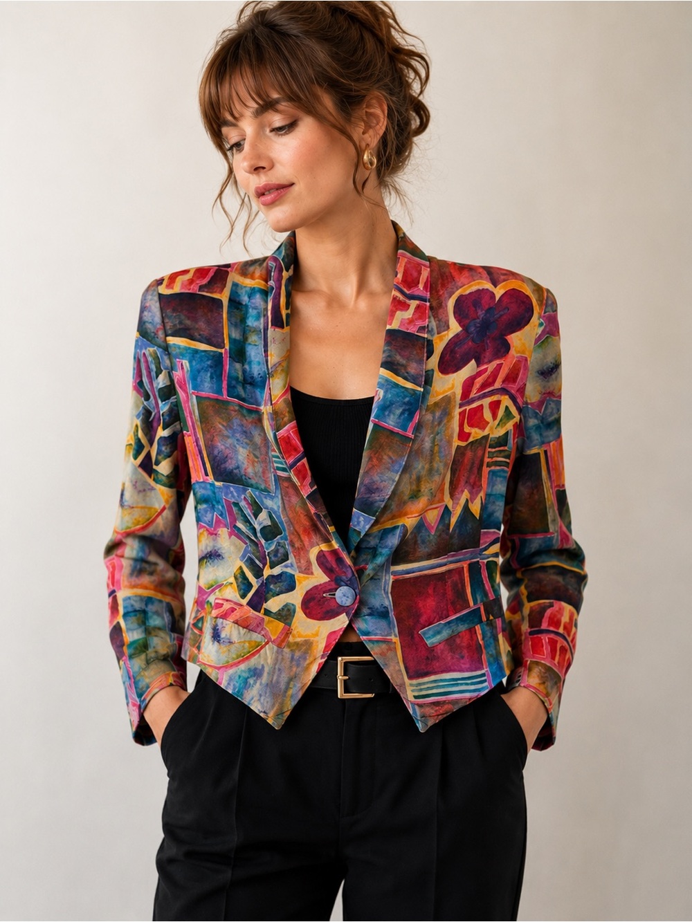 Vintage 90s Granite Abstract Watercolor Rayon Cropped Jacket Blazer Small